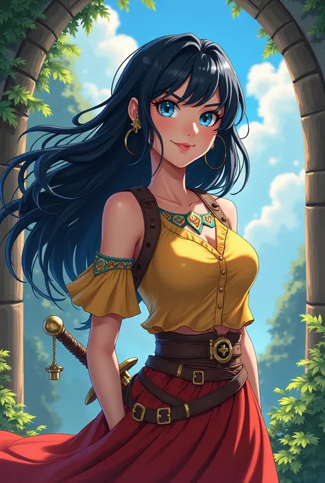 Long Hair, Black Hair, blue eyes, smile, One girl, Dragon Quest style,Hero,Carry a sword on your back,anime,beautiful,