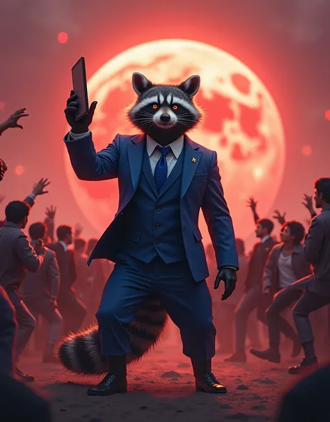 A tall, gray, aggressive raccoon with amber eyes in a blue suit and tie stands in the middle of a planet of unearthly beauty in red tones. People scatter chaotically from him in different directions.. The raccoon holds a tablet in his hand and raises his h...