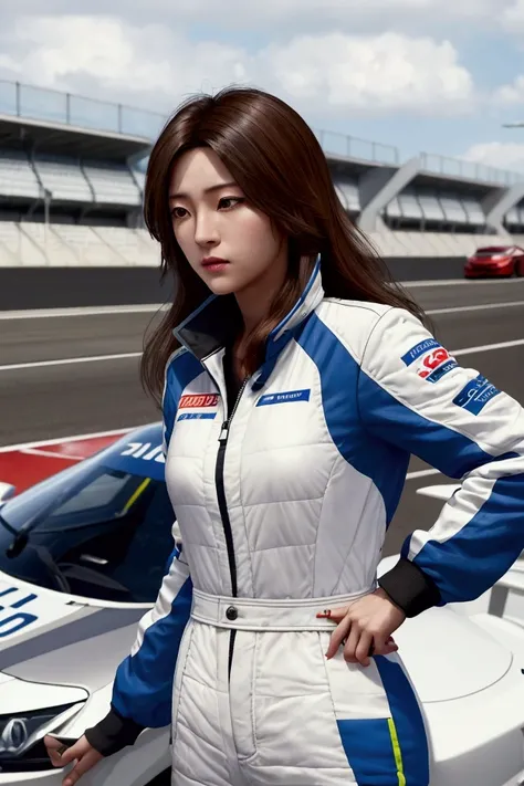 Portray Onori Kaito, 2 Japanese woman from San Fierro, with a confident and determined expression on his face. She is wearing a stylish racing jacket with elements, reflecting her personality and interests, and her long brown hair flutters in the wind. The...