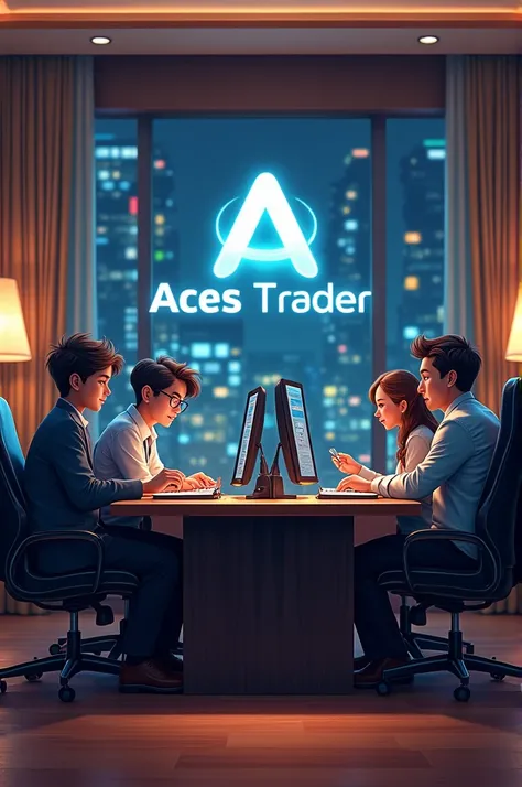 Create an image where 4 adults, two 20 years old, one 2, one 30 years old, they are traders using the trading operations program in a luxury office, a logo With the combination of A and T, "Aces Trader" is the name of the company