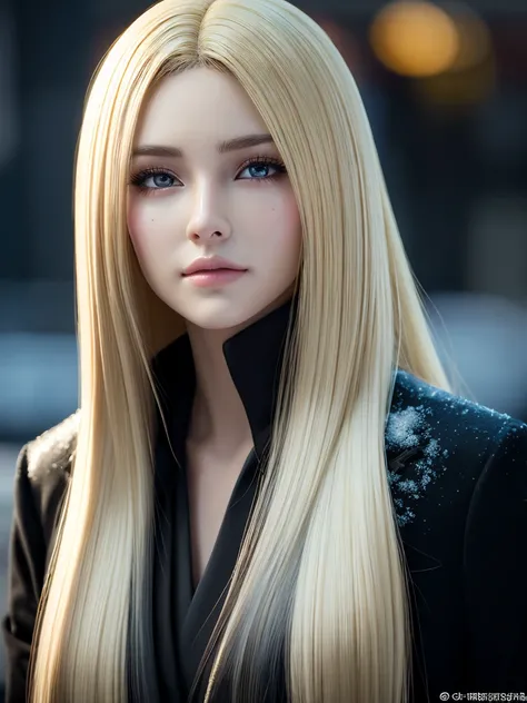 ((1 girl in a black business suit)), Perfect blonde, One girl, Very long hair, ((Shiny, snow-white skin)), 3D rendered character art 8K, Trending on cgstation, Detailed eyes, Symmetrical eyes, Perfect Face, Perfect body, (Intricate details:0.9), (High reso...