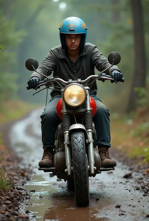 
Un jeune homme aux cheveux tres courts avec une casque bleue raillé porte une gant noir sur une moto rouge-noir de taille moyenne pneu gros crapon, globe arondie,jante aluminium ,retroviseur,dans une route secondaire boueux