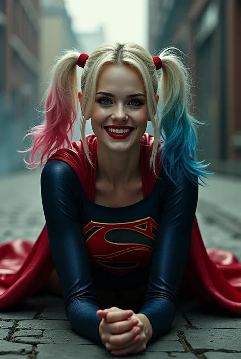 " spread legs ,sleep on stone ,Create a hyper-realistic image of Harley Quinn  bigboob ,Smile with teeth showing, wearing a Superman costume, as if she stepped right out of a movie scene. Her playful and mischievous expression contrasts with the iconic red...