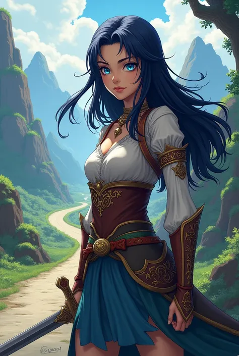 Long Hair, Black Hair, blue eyes, One girl, Equip a sword,Dragon Quest style,Hero,On the road