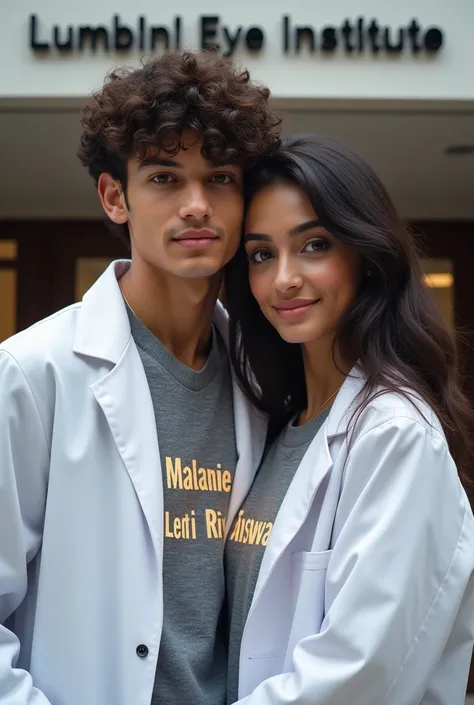 One name of  madan subedi  in chest in bright latter
Curly hair boy handsome with her bestie in hugs with white colour coat 
 And girl name of  riya jaiswal in chest in bright latter 
Beautiful in same dress as boy 
Photorealism 
Realistically 
In backgrou...