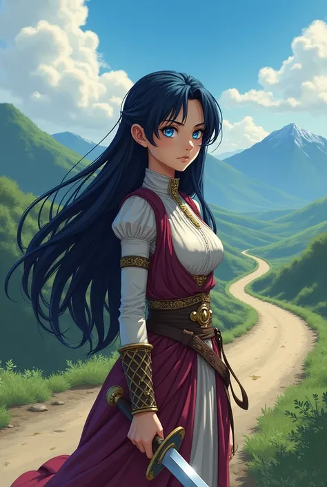 Long Hair, Black Hair, blue eyes, One girl, Equip a sword,Dragon Quest style,Hero,Solo on the road, Overlooking, 