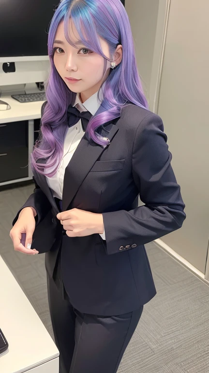 ((Topaz colored hair、Wavy Semi-Long))，An elegant, upper-class, elite secretary wearing a business shirt、I work in an office、厳格なWearing a business suit、I&#39;m wearing pantyhose、I&#39;m wearing high heels、Girl in a shirt、Wearing a business suit、Wearing a bu...