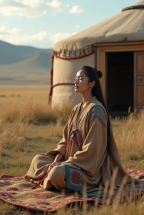 Outside the Mongolian house, a mother in a Mongolian robe is sitting on an argan and praying
