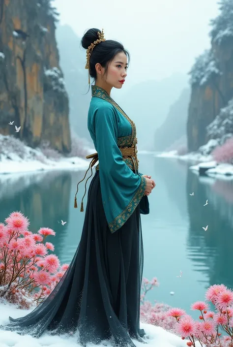 A beautiful, graceful and slightly chubby Thai woman with black bun hair, wearing a traditional style turquoise and black dress with gold accents, standing tall by the calm river. Snow covered the surrounding ground and the surrounding cliffs., while pink ...