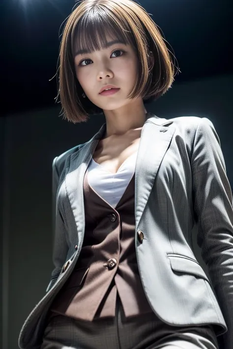 Highest quality, Realistic, Very detailed, finely, High resolution, 8k, Cinema Lighting, 1 person, Cute Japanese girl , 2, light smile,  light brown short straight bob hair, extra very short bangs, (Wearing a simple business suit:1.4), (Blurred Background,...