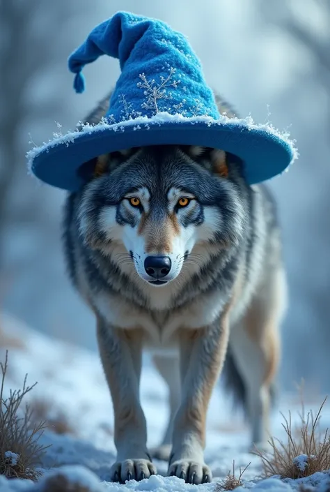 wolf with bright blue hat
