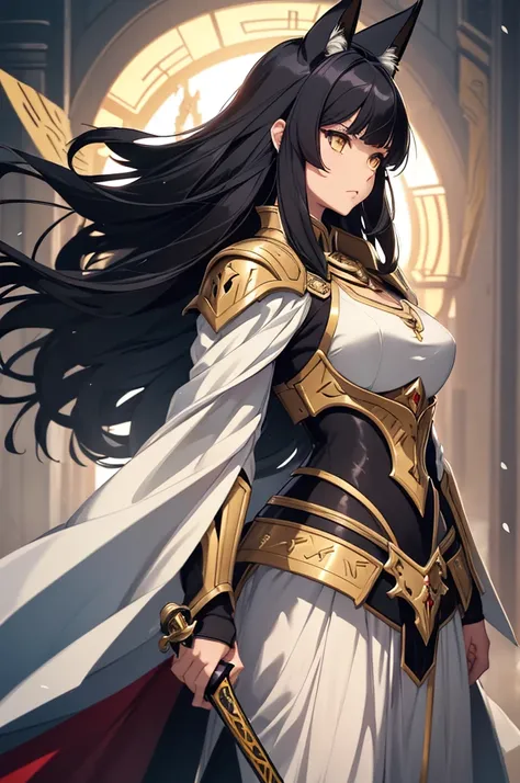 A woman looking to the side, profile, masterpiece, Best Quality, Black hair fluttering in the wind, Cat ears, Golden Eyes, A dignified expression, Iron breastplate, The chest is a little large, Gauntlet, Swordsman, Holding a sword 