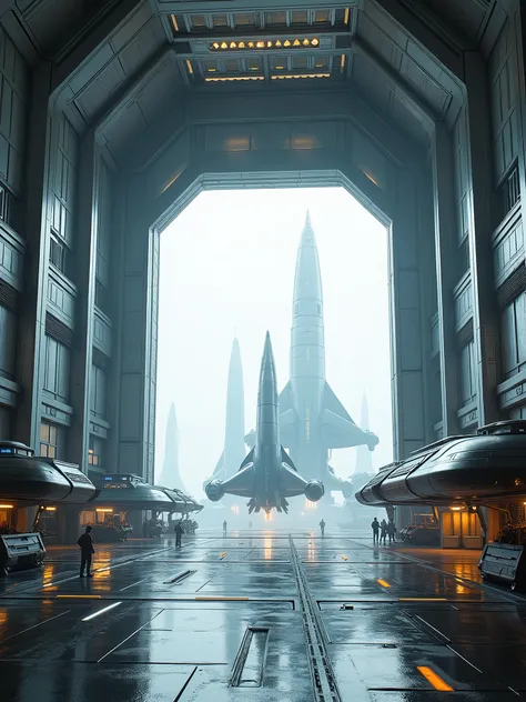 a science fiction hangar, dynamic camera angle