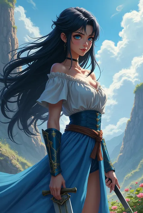 Long Hair, Black Hair, blue eyes, One girl, Equip a sword,Dragon Quest style,Hero,solo, Widescreen, 