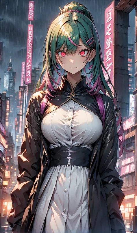 there is, danger ,One anime-style woman,Good sized breasts, Green Hair, The hair tip is blue-purple, Three purple locks in the bangs, Pink hair clip in front, Long Hair, Long Ponytail, Red eyes,Sharp-eyed,Villain,Wicked Smile,White dress shirt、Black long s...