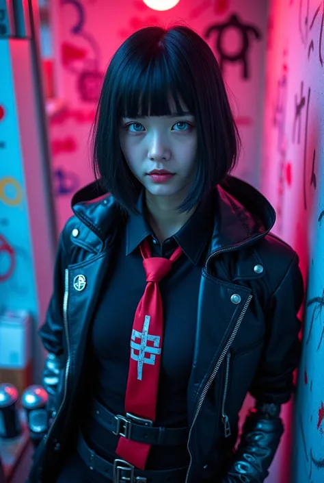 Thai girl 15 years, 

This image portrays a close-up of a cosplayer in a futuristic or cyberpunk-style costume, featuring bold colors and high-tech accessories. The cosplayer has bright blue eyes, a sharp bob hairstyle, and is dressed in a sleek black outf...