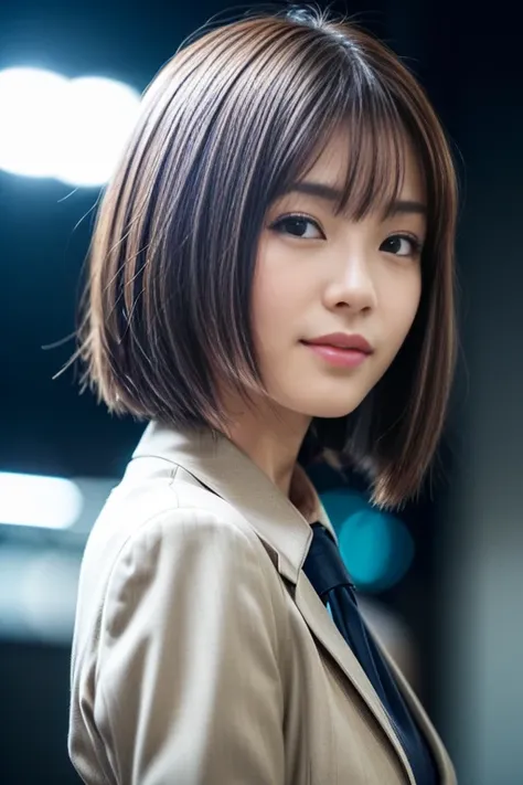 Highest quality, Realistic, Very detailed, finely, High resolution, 8k, Cinema Lighting, 1 person, Cute Japanese girl , 2, light smile,  light brown short straight bob hair, extra very short bangs, (Wearing a simple business suit:1.4), (Blurred Background,...