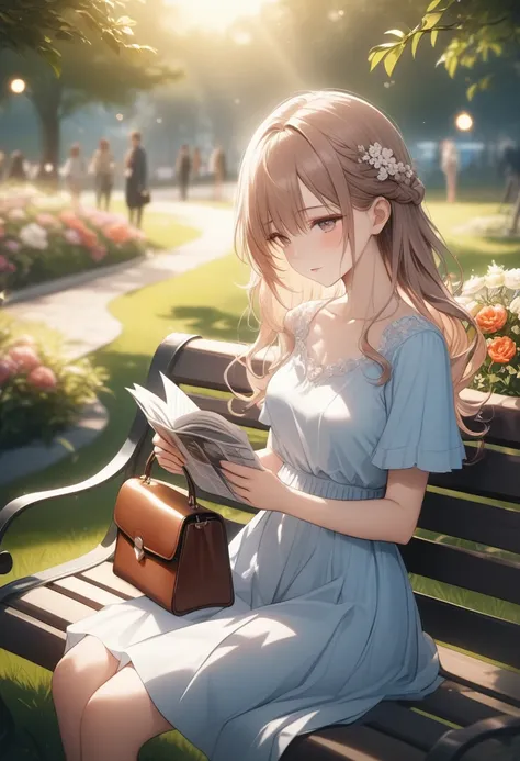 Anime Girl Beauty, ideal anatomy, Bright, sits on a bench in the hands of a newspaper, There is a handbag nearby, Small Path, von Park Where People Relax with Green Grass and Beautiful Plants, flower beds, Pleasant Gentle Wind, Develops Her Hair, Very Beau...