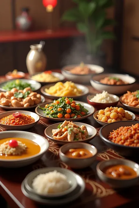 3D Close-up of a table of Chinese home-cooked dishes