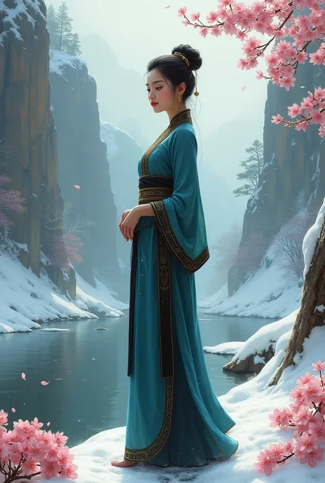 A beautiful, graceful and slightly chubby Thai woman with black bun hair, wearing a traditional style turquoise and black dress with gold accents, standing tall by the calm river. Snow covered the surrounding ground and the surrounding cliffs., while pink ...