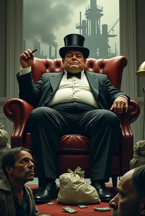 A striking image of a fat businessman in a black top hat and an elegant tuxedo, symbolizing wealth and power. He is sitting in a luxurious leather chair, holding cigar, with a greedy and satisfied expression. Below him, tired workers, with a sad expression...