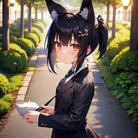 A girl with fox ears and a fox tail、Short black hair、A small white ribbon on her head、Small breasts、blazer、Normal necktie、black plaid mini skirt、Cobblestone Street、In front of the shrine in the forest at night、White Moon