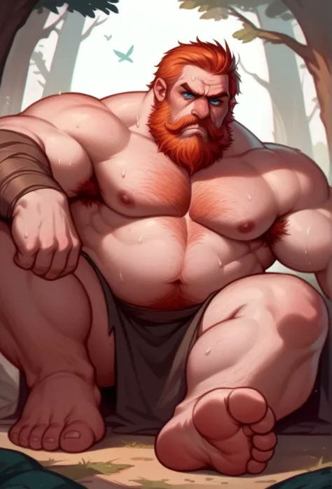 Dwarven Elder　1 person　fat　Plump　Glaring face　Blue eyes　Short　large round nose　Age Line　In the woods　　All naked　Short Hair　A very long, large, fluffy, bouncy white beard　Bouncy mustache　Long, wide beard　Frowning　Deep wrinkles on the face　naked　Less muscle ...