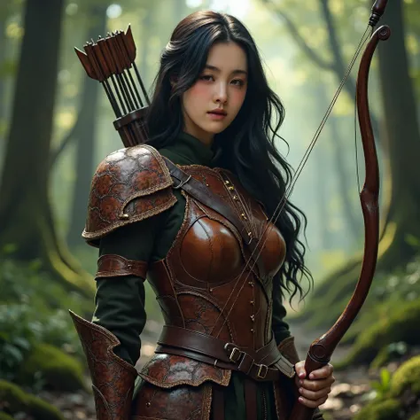 Portrait of a beautiful female character with feminine features and a well-proportioned figure., White skin, Long, bright black hair, And complicated, A detailed brown leather armor, made by a highly skilled craftsman.. The design is complex., With lines, ...