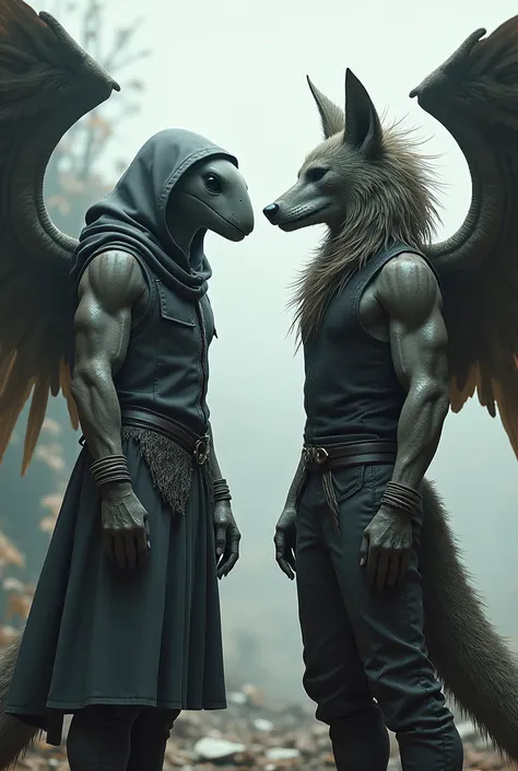 Two men with human bodies wearing hooded vests with large wings, one with the face of a whale and the other with the face of a maned wolf. 