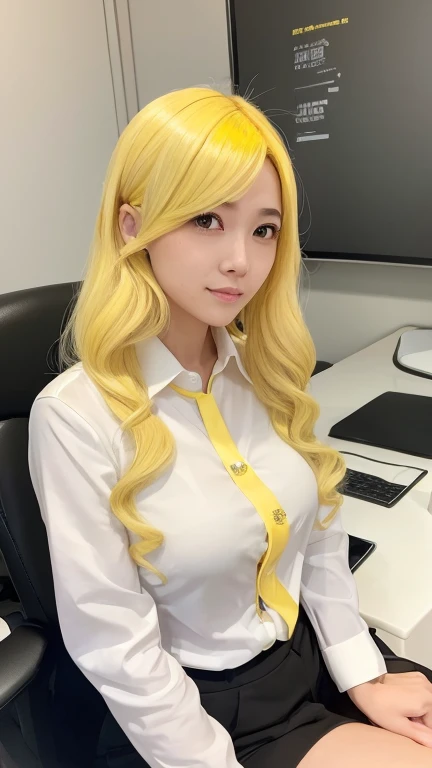 ((lemon yellow hair、Wavy Semi-Long))，An elegant, upper-class, elite secretary wearing a business shirt、I work in an office、厳格なWearing a business suit、I&#39;m wearing pantyhose、I&#39;m wearing high heels、Girl in a shirt、Wearing a business suit、Wearing a bus...