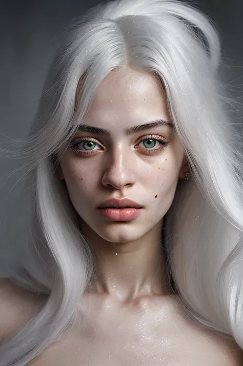 by Steven Meisel, portrait art, hyper detailed, Iraqi Female Valedictorian, the Valedictorian is Passionate, her hair is Platinum, Snowy, Orphism, Colorless, natural skin texture, girl, close-up, fashionable