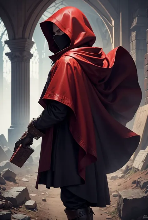 The character in the game is a man wearing a long, dark-red cloak with a hood over his head, his face is not clearly visible. His right hand holds a Bible, and he turns to the right to see the side. His whole body is horror-like, similar to a pixel image.
