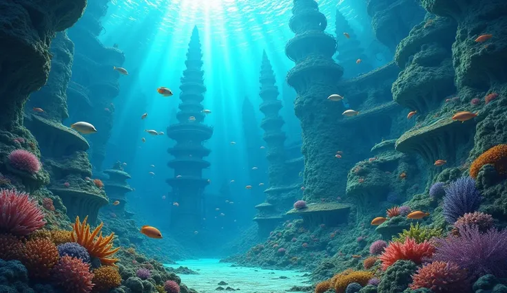 Underwater City: 未来的なUnderwater Cityを想像してみてください。Towering glass buildings and、Colourful marine life swims about.