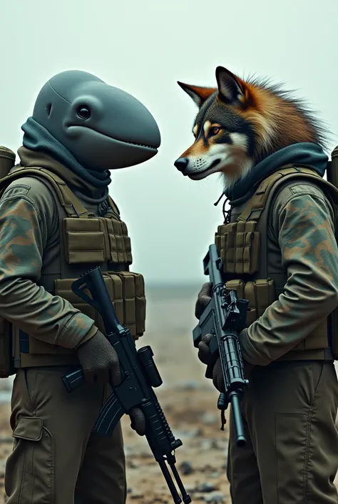 Two people with human bodies wearing army hooded vests, one with the face of a whale and the other with the face of a maned wolf, both with rifles in their hands. 