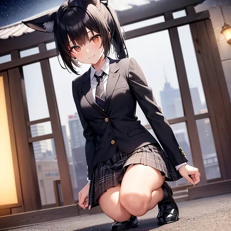 A girl with fox ears and a fox tail、smile、Short ponytail black hair、A small white ribbon on her head、Small breasts、blazer、Normal necktie、black plaid mini skirt、Black Loafers、squat、In front of the shrine at night、Dynamic Angle