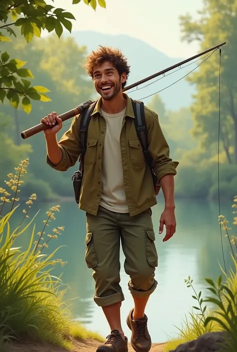 A young, smiling man walking with a fishing rod