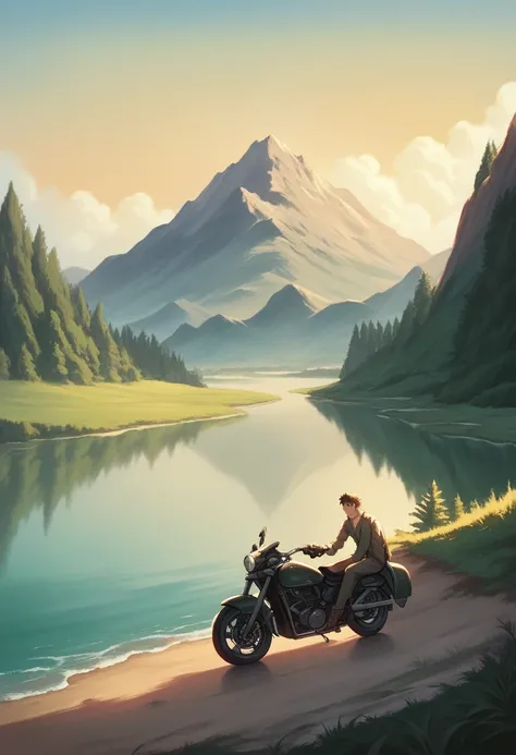 painting of a motorcycle parked next to a tent near a river, Ross Tran. scenic background, detailed landscapes —width 672, highly detailed digital painting, highly detailed digital painting., detailed painting 4k, Beautiful detailed scene, por Justin Gerar...