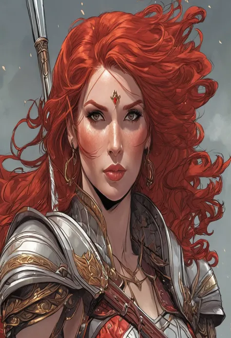 a close up of a woman with red hair and a sword, magali villeneuve, redhead queen in heavy red armor, stunning character art, graphic artist magali villeneuve, shallan davar, epic exquisite character art, cushart krenz key art feminine, charlie bowater cha...