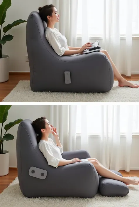 Draw me an inflatable chair, can be transformed from a chair to a bed thanks to the joint. There is a massage device in the back of the chair.