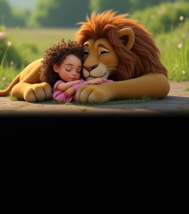 Gostaria dessa mesma imagem do leao mas com uma  de uns 4 anos with curly hair no lugar do carneiro. 
"Create an image of a majestic lion, similar to Jafar&#39;s lion, lying on the floor facing forward. He is cuddling a  of about  on his lap, with curly ha...