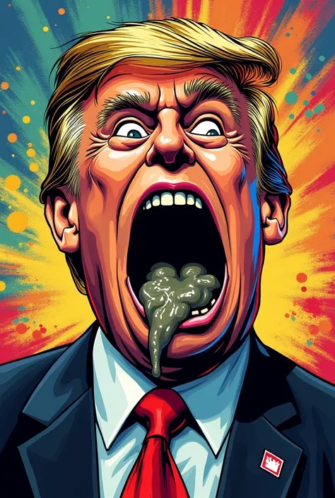 Create a pop-art style image of a president with an exaggerated expression, SEWAGE COMING OUT OF HIS MOUTH. Use vibrant and contrasting colors, and graphic elements that refer to the comic book style, such as strong contour lines and repetitive patterns. T...