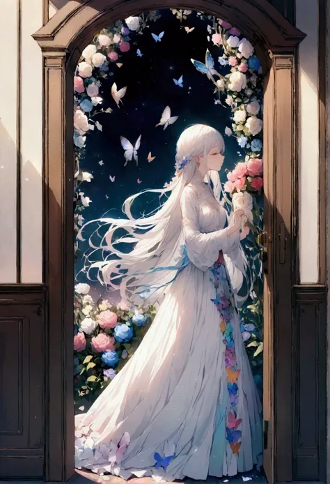 Passing by，(Standing outside the door),Fragments，Close your eyes，Tears，(Kiss the flower in hand)，beautiful，White long hair，((Broken lens))，Starlight，Colorful long dress，Flowers，Butterflies flying