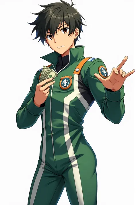 A handsome anime pilot in green and white suit, playing aviator with one hand, holding money in other hand, in white background