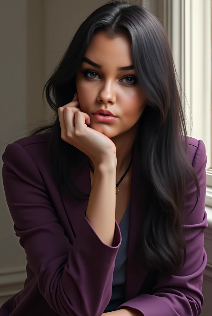 Illustrate realistic, with long black hair, dark brown eyes, with a purple blazer, with arms crossed and hand on chin, looking up thinking. very realistic. >>no cleavage<< 