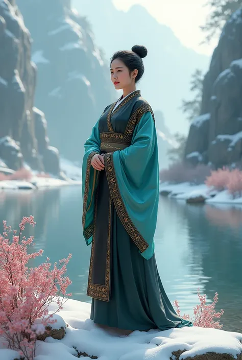 A beautiful chubby Thai woman. graceful and with black bun hair, wearing a traditional style turquoise and black dress with gold accents, standing tall by the calm river. Snow covered the surrounding ground and the surrounding cliffs., while pink flowers b...