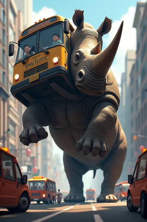 A rhinoceros lifting a bus on the bus stand 