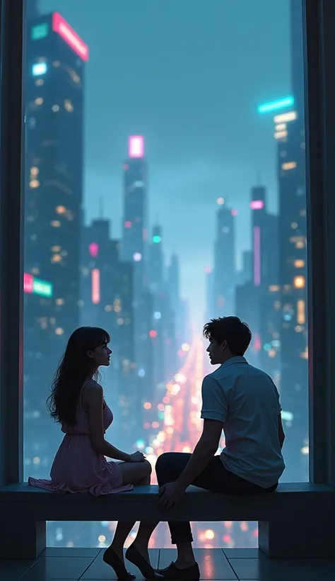 anime cartoon illustration of a guy sitting in one end of the balacony and looking at the girl from other end of the balcony one end of the right side of the balacony the guy and with the gap in the middle with city view and the left end of the balcony the...