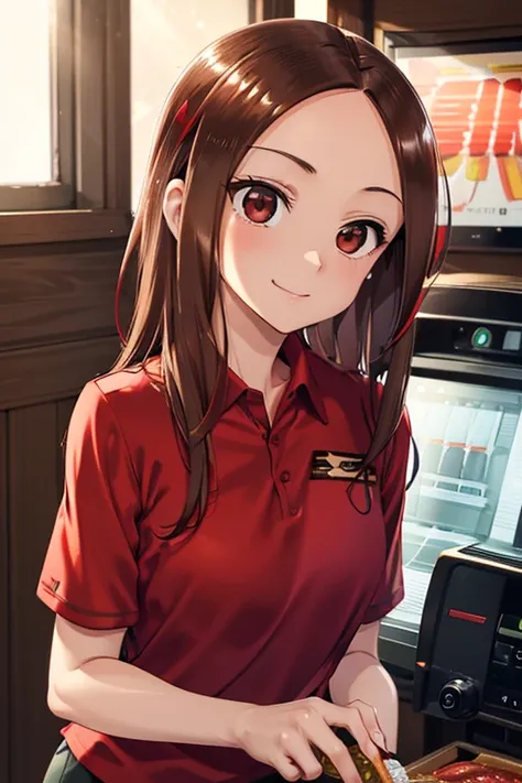 takagi-san、shiny brown hair, long hair,((medium breast、amount、center part))、 beautiful brown eyes、smile、shining eyes, (fine grai...