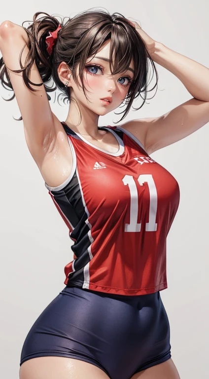 (best quality, masterpiece:1.2), portrait, a beautiful curvaceous woman, fit, slim waist, huge breasts, huge ass, volleyball jersey, sweaty, anime style, simple lines