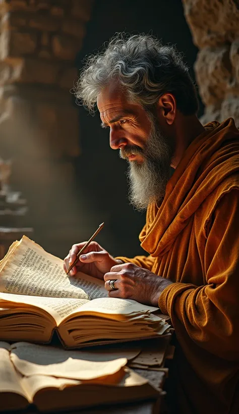 Enoch the prophet of God, surrounded by ancient books and scrolls, with an expression of concentration and wisdom. The scene is illuminated by a soft light, creating an environment of learning and discovery.

